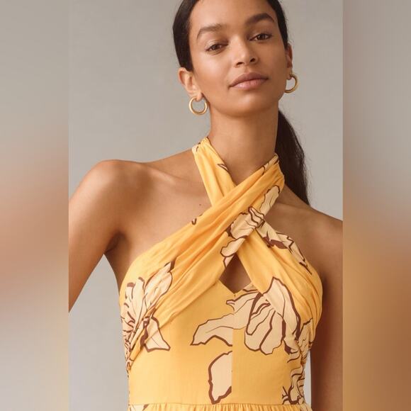 HUTCH Floral Halter Maxi Dress Maize Yellow Adjustable Neck Ruffle Slit 2 NEW - Picture 5 of 11